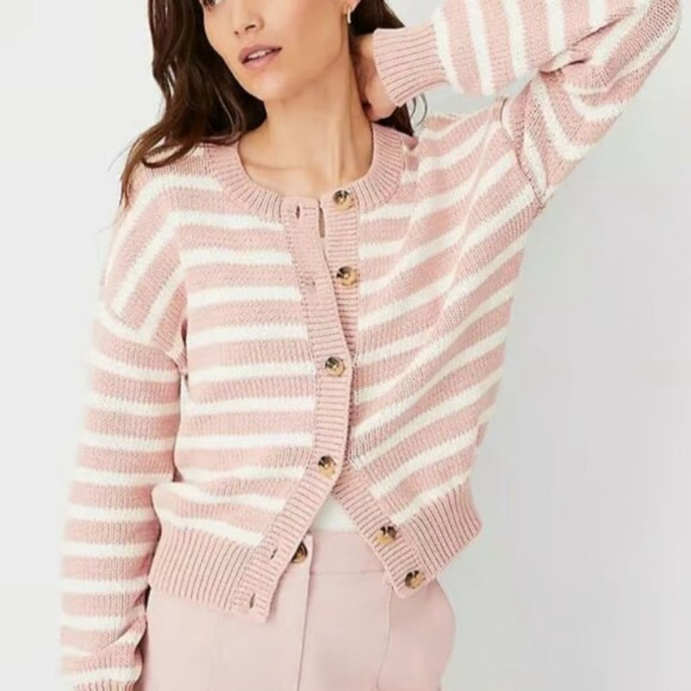 Ann Taylor Weekend pink striped cardigan sweater button down women's medium M - Picture 1 of 9